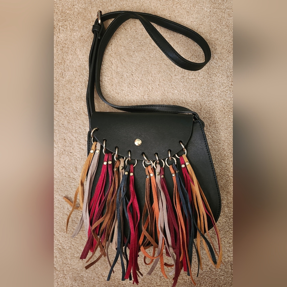 Mellow World Black Saddle Bag with Multicolor Fringes
